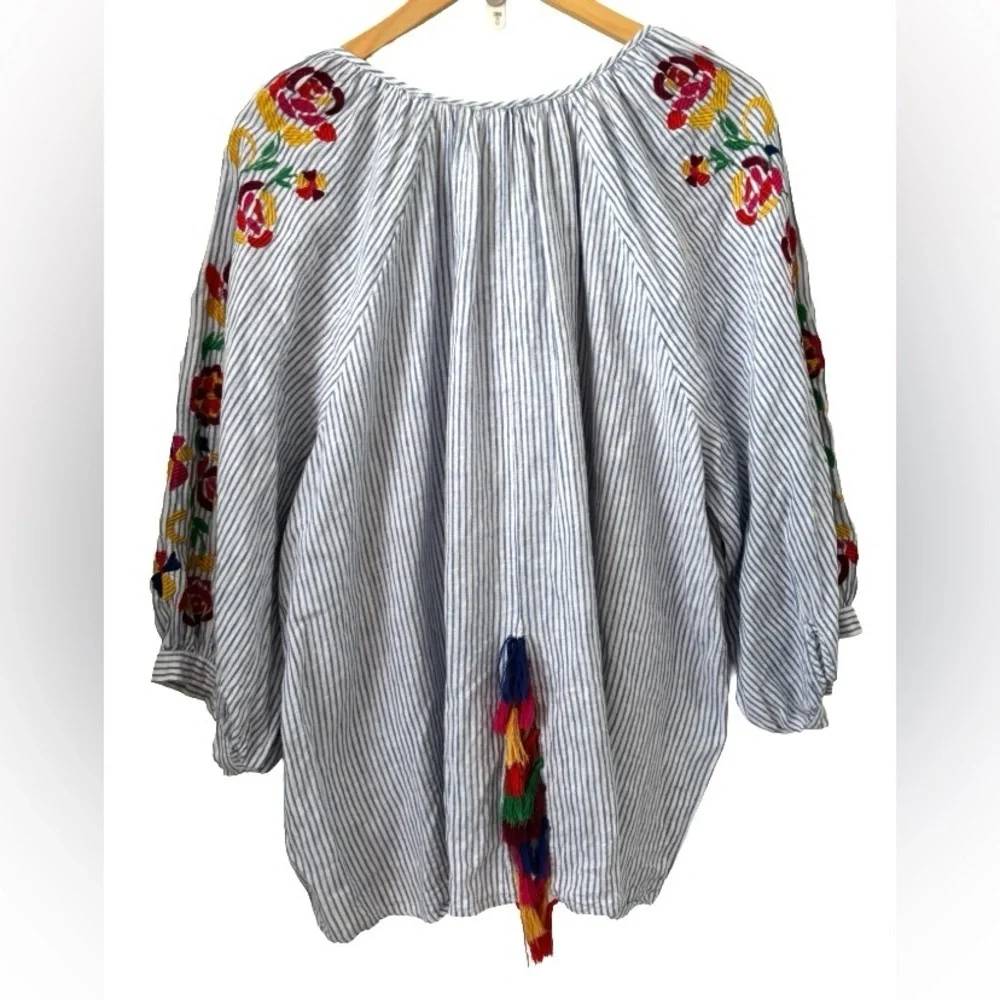 Chelsea & Theodore blu strp w embr & tassel linen/cotton blnd qtop SZ 3X peasant - Picture 2 of 7
